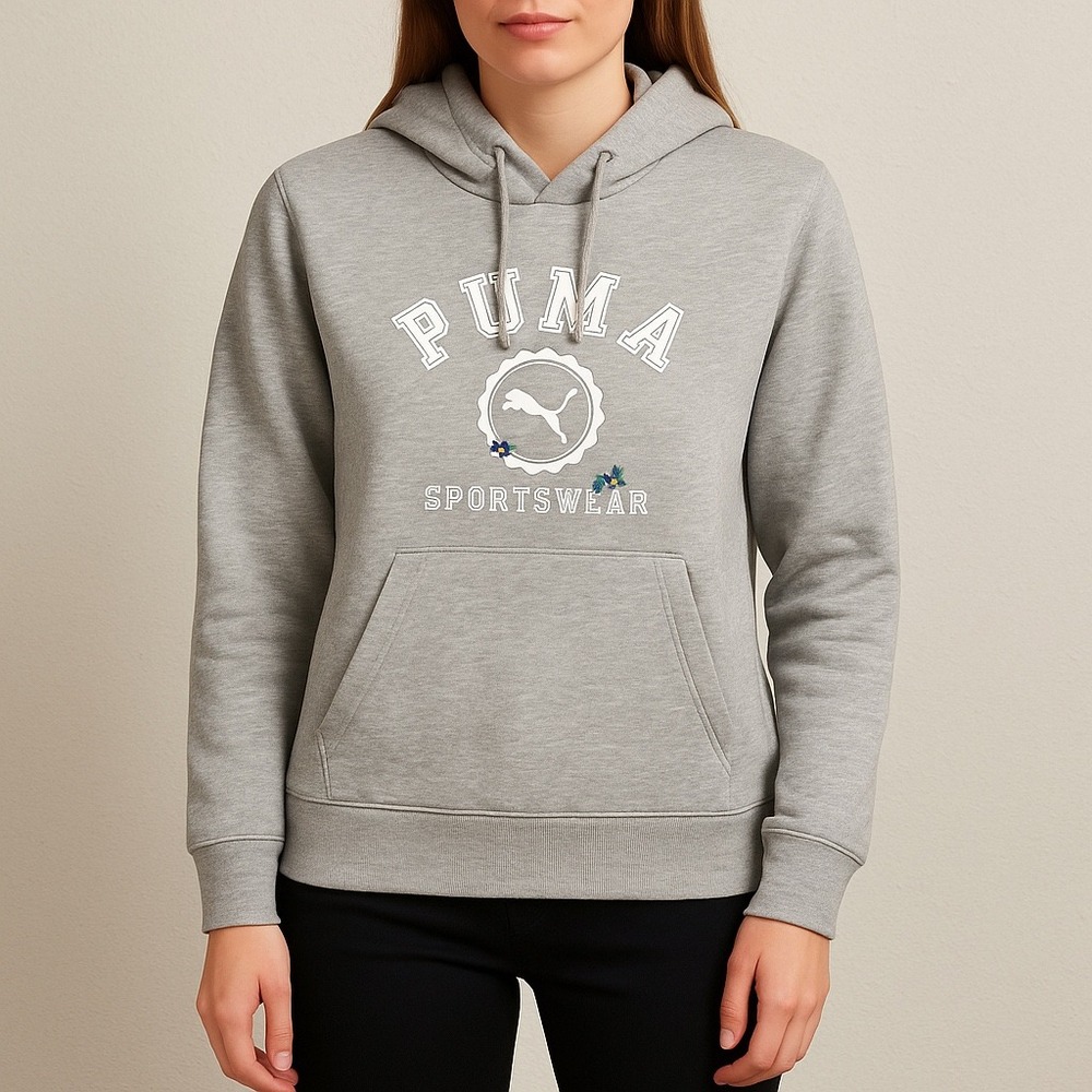 Puma Women's Gray Hoodie Sweatshirt Floral Logo Pullover Athleisure Comfy